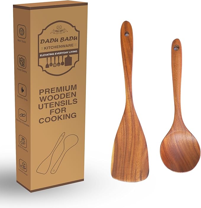 2 Piece Teak Wood Utensil Set - Handmade Spatula and Serving Spoon for Nonstick Cookware - Heat-Resistant & Non-Toxic Wooden Cooking Utensils - Essential Kitchen Gift Set