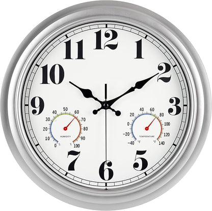 JENLYSTIME 13 Inch Outdoor Clock, Waterproof and Silent, with Thermometer and Hygrometer, Large Numbers for Easy Reading, Perfect for Home,Office,Bedroom,Kitchen,Porch,Garden,Pool(Silver)