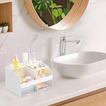 Makeup Organizer with 2 Drawers, Cosmetic Storage for Dresser Vanity and Bathroom Countertop,Make up organization and Skincare Storage with Beauty Brush Holder, Cosmetic Display Case (White)