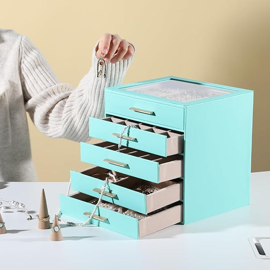 Frebeauty Clear Lid Jewelry Box,5-Layer Jewelry Organizer with Drawer,PU Leather Jewelry Organizers and Storage,Jewelry Boxes for Women,Jewelry Storage for Rings Earring Stud,Gift for Women(Turquoise)