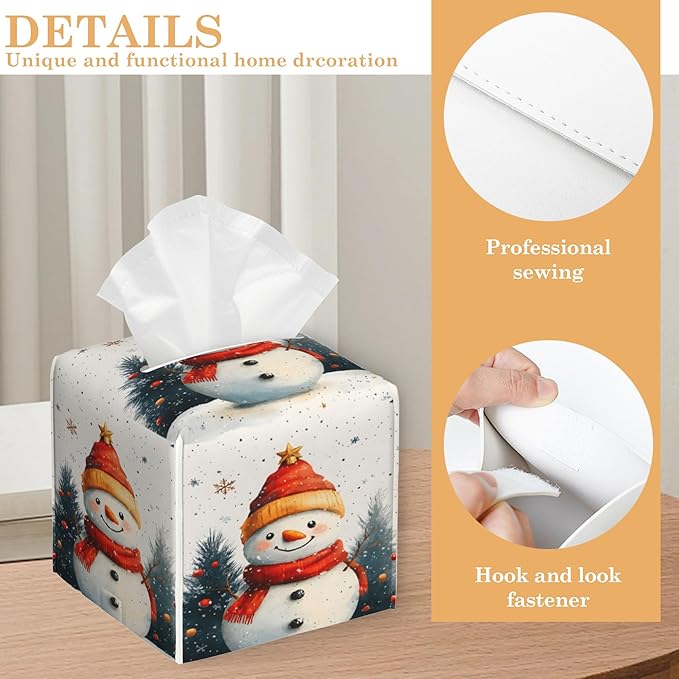 Christmas Snowman Tissue Box Cover Holder,Leather Tissue Case Holder Facial Paper Organizer Decorative for Tabletop Night Stands Desk Bathroom Kitchen Car Office Home Decor