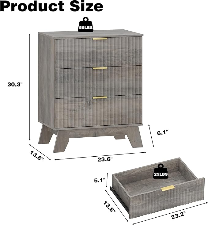 Fluted 3 Drawer Dresser for Bedroom, Mid Century Modern Beside Table with Metal Handle, Wooden Nightstand with 4 Drawers End Table for Living Room, Closet, Entryway, Grey
