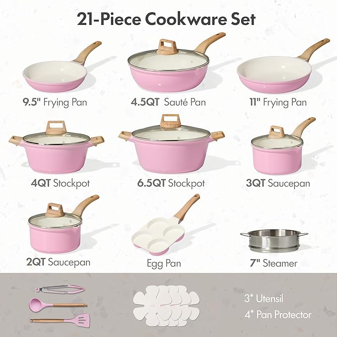 CAROTE 21 PCS Ceramic Cookware Set, Pots and Pans Set Non Stick, Pot and Pan Set with Frying pan, Induction Ready Cooking Set for Kitchen, PFOS/PFOA/PFAS Free, Pink