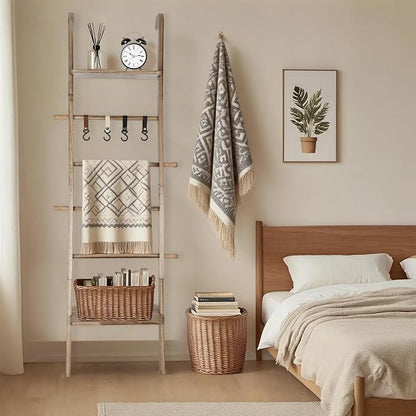 Wooden Ladder with Shelf for Room Decor, 6-Tier Decor Ladder with Non-Slip Mat & Hooks, Farmhouse Style Leaning Wall Display Holder