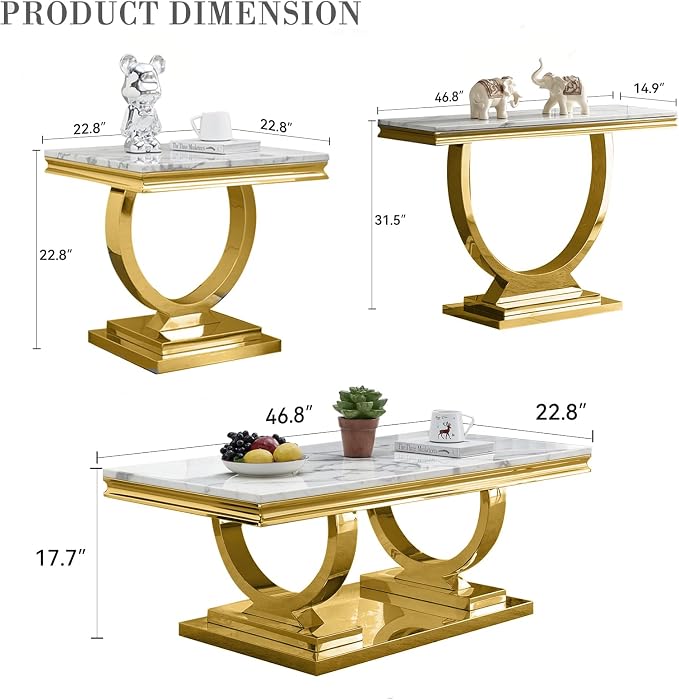 3 Piece Living Room Table Set Include 1 Faux Marble Coffee Table & 1 End Table & 1 Console Table, Modern White Gold Coffee Table Set of 3 with Double O Shape Stainless Steel Pedestal Base