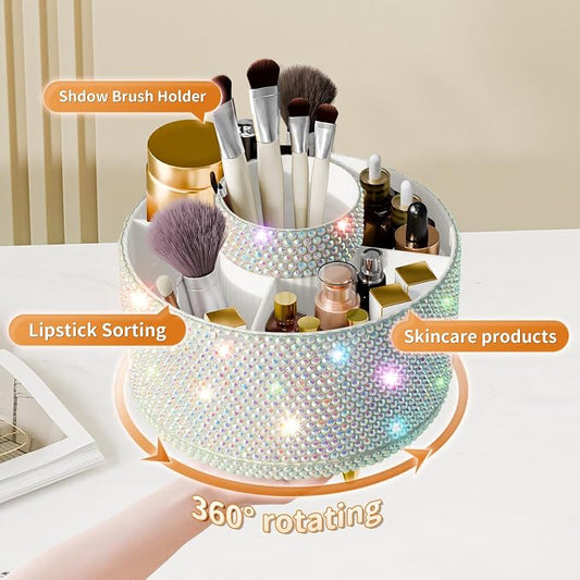 fanado Bling 360° Rotate Makeup Brush Holder Organizer, Makeup Organizers Countertop, Makeup organization and Skincare Storage for Vanity, Gift for Women Girls (Bling dz-White AB)
