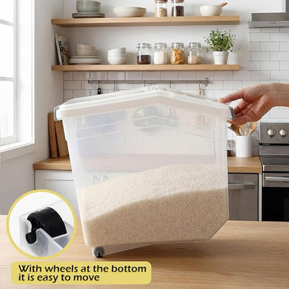 Sunnyray 4 Pcs Rice Storage Container 38 lb Flour Container with Wheels Measuring Cup Clear Pet Food Bin Dog Birds Cat Food Bin Grain Cereal Organizer Box for Dry Baking Supplies(White Lid)