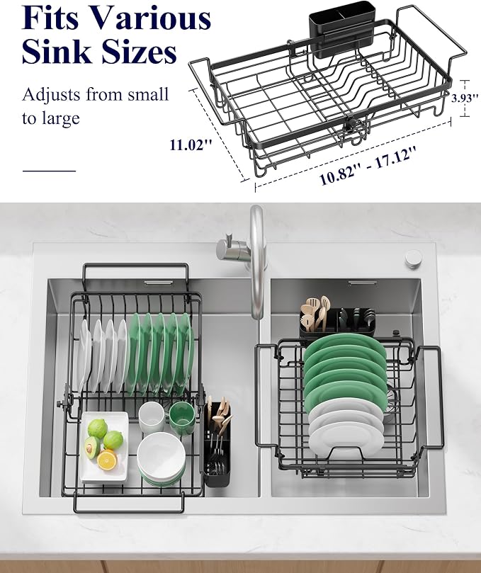Kitsure Dish Drying Rack – Expandable in-Sink or Over-Sink Dish Rack for Kitchen Counter, Rust-Resistant Metal Dish Strainer with Cutlery Holder, 10.82"-17.12" L x 11.02" W x 3.93" H, Black