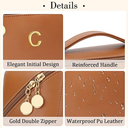Valentine's Day Gifts for Women Teen Girl, Personalized Initial Makeup Organizer Bag Set, Open Flat Travel Cosmetic Bag With Clear Divider and Handle(Brown,C)