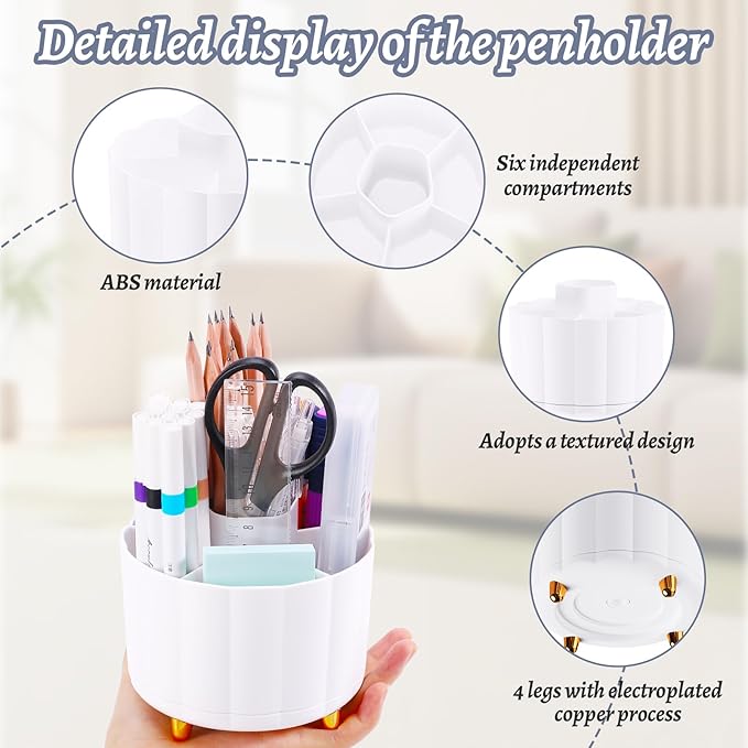 Pencil Holder for Desk 360 Rotating, Pen Holder for Desk or Classroom, Pencil Cup & Pen Organizer, Rotating Caddy, Makeup Brush Holders with 6 Slots, White