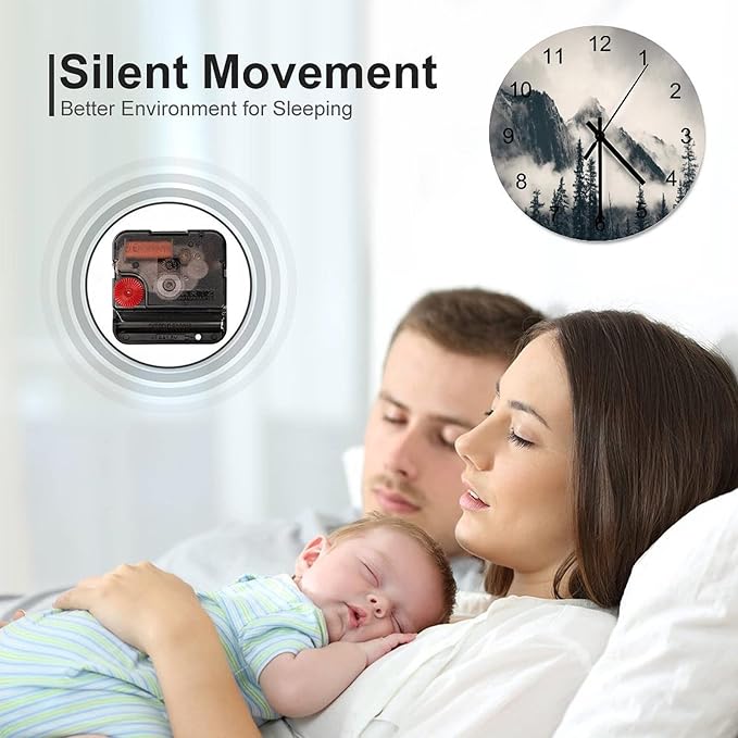 Scenic Nature Wall Clock, Misty Forest Tree Scenery Mountain Foggy Woodland Landscape Wall Clocks Battery Operated Silent Non Ticking Round Wooden Clocks for Kitchen Bathroom Living Room 12 Inch