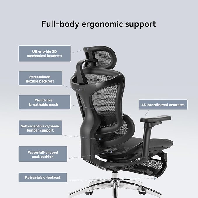 SIHOO Doro C300 Ergonomic Office Chair with Footrest, Ultra Soft 3D Armrests, Dynamic Lumbar Support for Home Office Chair, Adjustable Backrest Desk Chair, Swivel Big and Tall Computer Chair (Black)