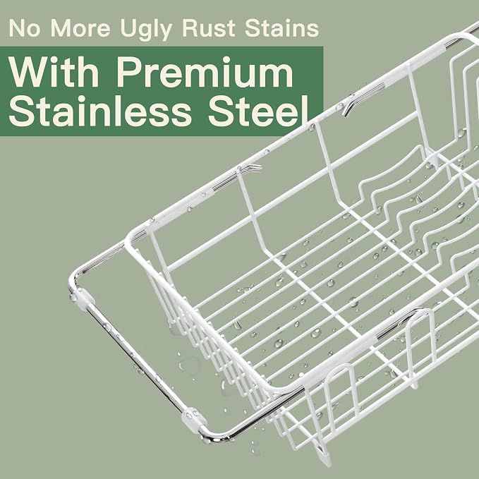 MAJALiS White Dish Drying Rack Over The Sink with Utensil Holder, Mat | Expandable Stainless Steel Dish Drainer for Small Kitchen, Apartment, RV, Counter Space Saving, Perfect Fit, Rustproof