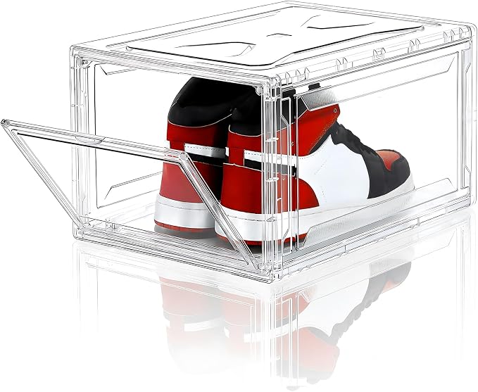 BVBOX Acrylic Shoe Storage Boxes with Magnetic Door - 360° Clear Stackable Shoe Display Box Set, Plastic Shoe Cabinet Rack Box for Sneakers Heels Shoes (1, Clear, L - Front Open)