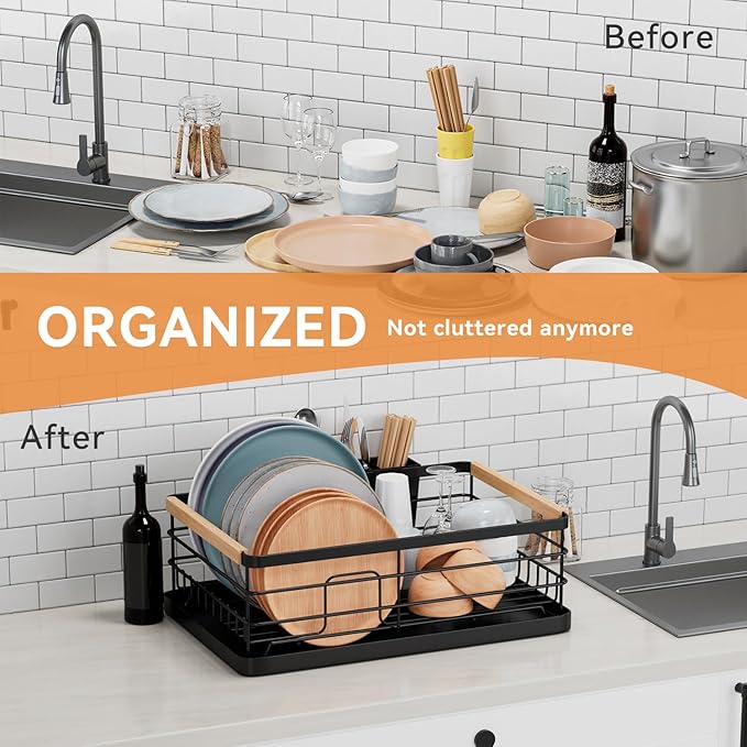 BRIAN & DANY Dish Drying Rack, Dish Racks for Kitchen Counter, Stainless Steel Dish Drainer with Removable Cutlery Holder & Drainboard, Black