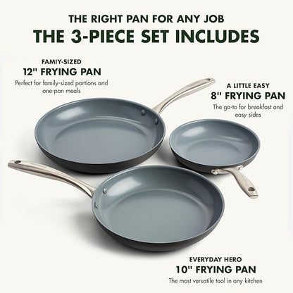 GreenPan Lima Hard Anodized 8" 10" & 12" Frying Pan Skillet Set, Ceramic Nonstick, PFAS-Free Nontoxic Pots & Pans, Oven & Broiler Safe, Stainless Steel Handles, Cookware for Eggs & Omelet, Gray