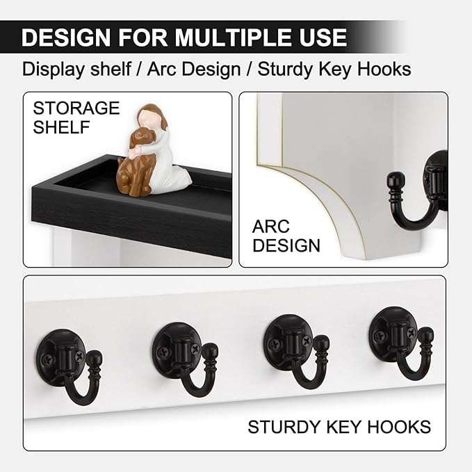 Key and Mail Holder Wall Mount, Key Holder with Shelf and Mail Organizer Wall Mount. Mail Holder with 5 Hooks for Coat, Dog Leash, Home Decor Rack, Entry Way Organizer (Black & White)