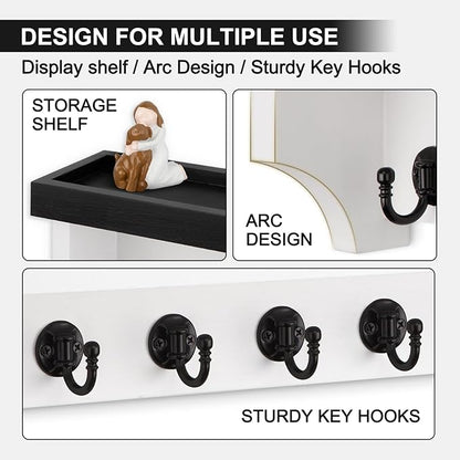 Key and Mail Holder Wall Mount, Key Holder with Shelf and Mail Organizer Wall Mount. Mail Holder with 5 Hooks for Coat, Dog Leash, Home Decor Rack, Entry Way Organizer (Black & White)