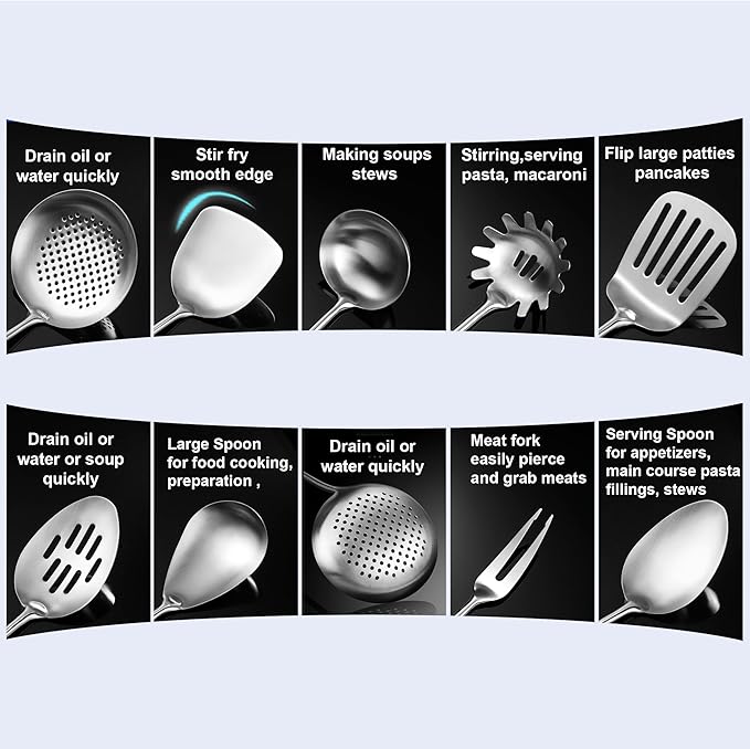 18/10 Stainless Steel Kitchen Utensils, 9 PCS Metal Cooking Utensils Set 15", Solid and Slotted Spoon, Fork, Spatula, Ladle, Skimmer, Slotted Spatula Tunner, Spaghetti Large Spoon