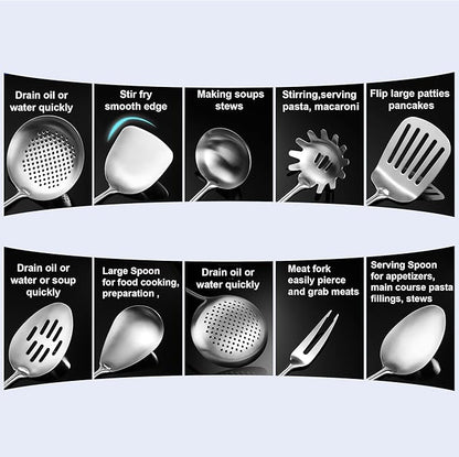 18/10 Stainless Steel Kitchen Utensils, 9 PCS Metal Cooking Utensils Set 15", Solid and Slotted Spoon, Fork, Spatula, Ladle, Skimmer, Slotted Spatula Tunner, Spaghetti Large Spoon
