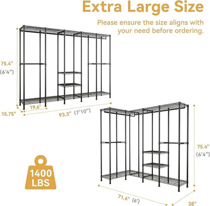 H5 Extra Large Wire Garment Rack, Heavy Duty Clothes Rack, Freestanding Clothing Rack for Hanging Clothes, Wardrobe Closet with Adjustable Shelf, 93.3" Wx15.7 Dx75.4 H, Black, Load 1400 lbs