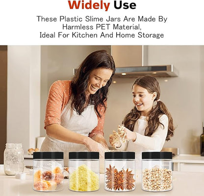 Hajoyful Plastic Jars with Lids 48 Pcs 8 oz & 3.4 oz Clear Plastic Slime Storage Jars Containers with Airtight Black Screw On Lids Cylinder Clear Round Jar Easy Clean Food Grade Durable Jar