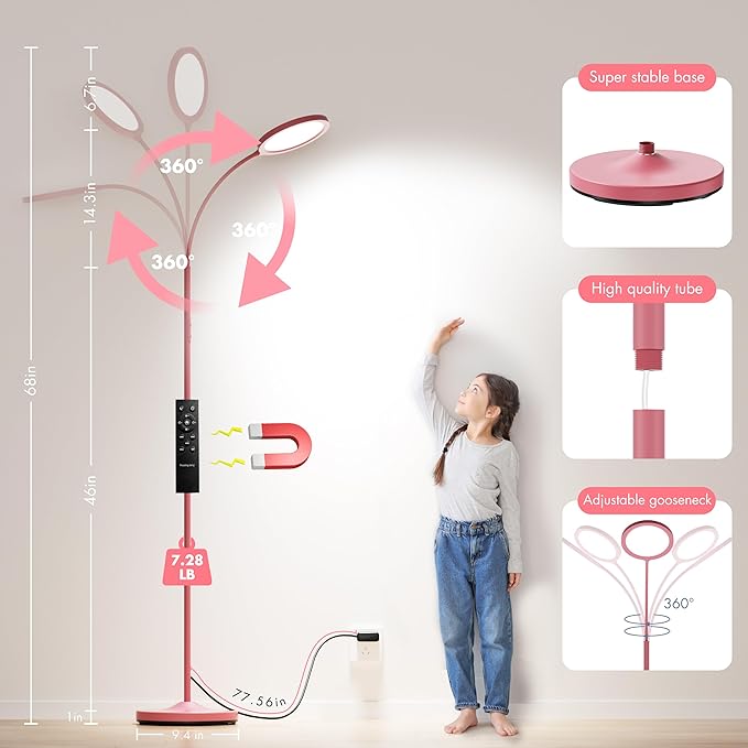luckystyle Pink Floor Lamp,Super Bright Dimmable LED Lamps for Living Room, Custom Color Temperature Standing Lamp with Remote Push Button, Adjustable Gooseneck Reading Floor Lamp for Bedroom Office