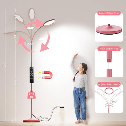luckystyle Pink Floor Lamp,Super Bright Dimmable LED Lamps for Living Room, Custom Color Temperature Standing Lamp with Remote Push Button, Adjustable Gooseneck Reading Floor Lamp for Bedroom Office