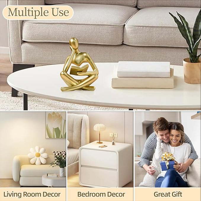 Abstract Art Thinker Statue - Reading Thinker Sculpture Figurine, Modern Home Decoration for Living Room Office Shelves Coffee Table Desk Decor (Gold)