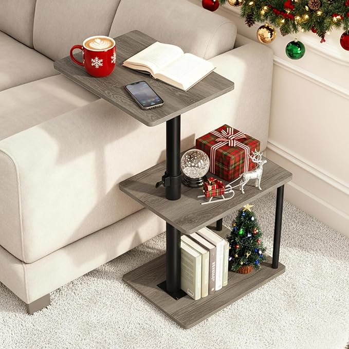 Swivel Side Table for Couch Arm, Height Adjustable C Table for Recliner or Bed, Tv Trays with Storage Shelf for Small Spaces- Small Nightstand Table for Living Room, Bedroom