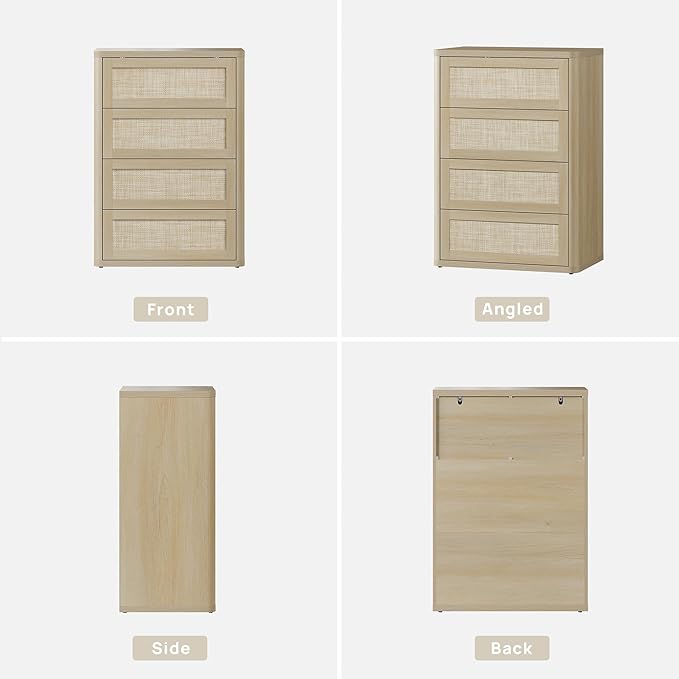 SICOTAS 4 Drawer Dresser for Bedroom-40.59'' Tall Rattan Bedroom Dressers with Oversized Drawers, Boho Wooden Chest of Drawers, Push-to-Open Storage Dresser for Closet, Nursery, Sand Oak, 2PCS