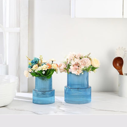 Ribbed Glass Vases for Bouquet, Set of 2 Blue Vases for Flowers, Blue Glass Vase for Tulips, Modern Vase for Living Room, Office, Coffe Table, Dining Table, Shelf, Wedding