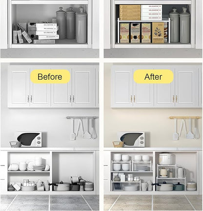 2 Pack Stackable Cabinet Shelf Organizer - Heavy-Duty Coated Metal Storage Rack, Non-Slip Space-Saving for Kitchen Pantry, Under Sink, Cupboard, Countertop (Black)