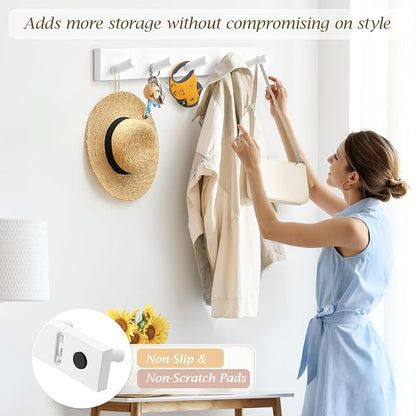Coat Rack Wall Mount, Wooden Coat Hanger with 5 Hooks, Heavy Duty, White, 1 Pcs