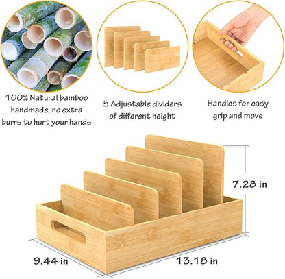 Retro Shaw Bamboo Lid Organizer for Plastic Lids, Adjustable Tall Dividers for Cabinet Drawer, Food Container Lid Holder for Kitchen Storage and Organization