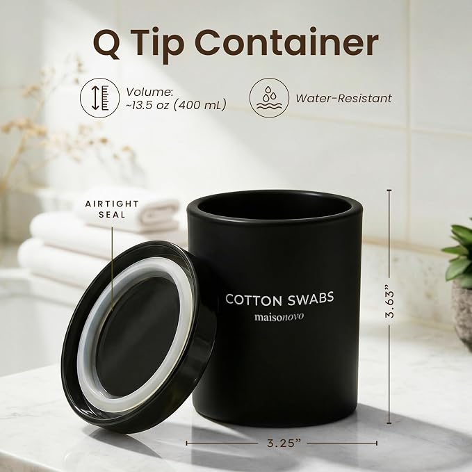 Maisonovo Glass Bathroom Containers with Lids (Airtight) - Qtip Holder - Apothecary Jars for Cotton Rounds, Swabs, Balls, Pads - Black Q Tip Dispenser - 2 pcs Bathroom Canisters Set for Organization