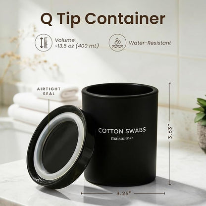 Maisonovo Glass Bathroom Containers with Lids (Airtight) - Qtip Holder - Apothecary Jars for Cotton Rounds, Swabs, Balls, Pads - Black Q Tip Dispenser - 2 pcs Bathroom Canisters Set for Organization
