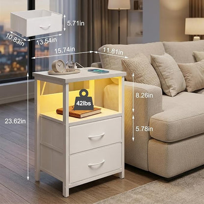 Fixwal White Nightstand for Women Bedroom, LED Night Stand with Charging Station, Bed Side Table with 2 Fabric Storage Drawers