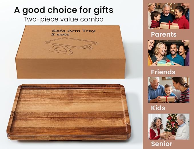 2 Pack Acacia Wood Couch Arm Tray,Couch Tray,Folding Sofa Armrest Trays,Couch Arm Table Clip-On Couch Desk for Drinks,Snacks,Phone,Remote Control