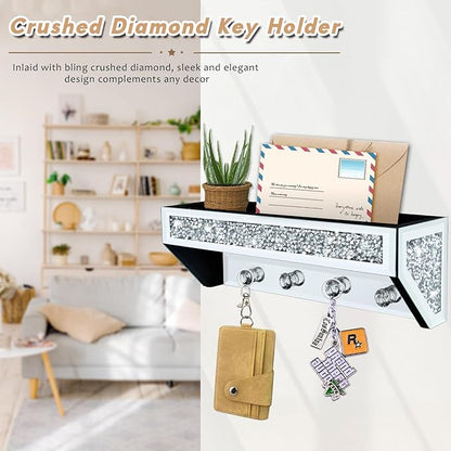 Crushed Diamond Wall Key Holder with Shelf, Crystal Mirror Wall Mounted Key Holder with Shelf for Entryway and Home Decor