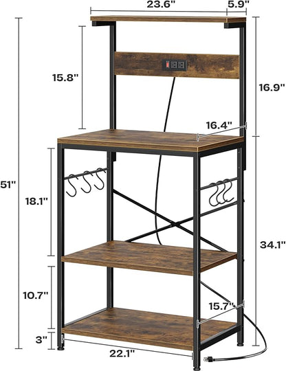 SUPERJARE Kitchen Bakers Rack with Power Outlet, Coffee Bar Table 4 Tiers, Kitchen Microwave Stand with 6 S-shaped Hooks, Storage Shelf Rack for Spices, Pots and Pans - Rustic Brown