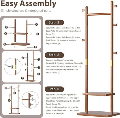 Coat Rack Freestanding Clothing Rack with 2 Shelves Storage & 5 Hooks Heavy Duty Clothes Rack Wood Coat Tree Stand Hat Hanger Rack (Walnut Brown, 18.9" x 11.8" x 70" (No Wheels))