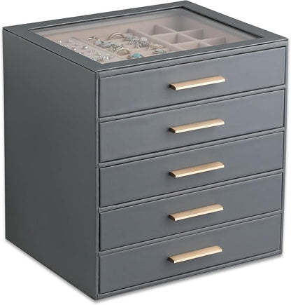 Frebeauty Clear Lid Jewelry Box,5-Layer Jewelry Organizer with Drawer,PU Leather Jewelry Organizers and Storage,Jewelry Boxes for Women,Jewelry Storage for Rings Earring Stud,Gift for Women(Grey)