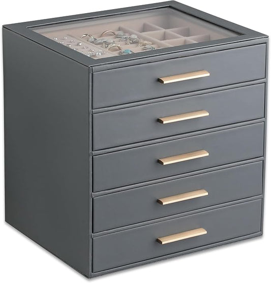Frebeauty Clear Lid Jewelry Box,5-Layer Jewelry Organizer with Drawer,PU Leather Jewelry Organizers and Storage,Jewelry Boxes for Women,Jewelry Storage for Rings Earring Stud,Gift for Women(Grey)