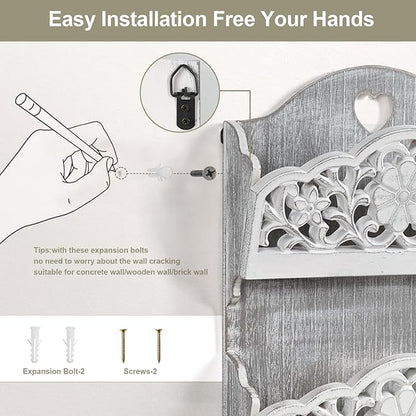 Key and Mail Holder for Wall, 2-Slot Mail Organizer Wall Mount with 5 Key Hooks, Wooden Key Hangers Wall File Organizer Letter Sorter, Key Rack for Entryway and Home Decor,Extra Wide (Extra Large)