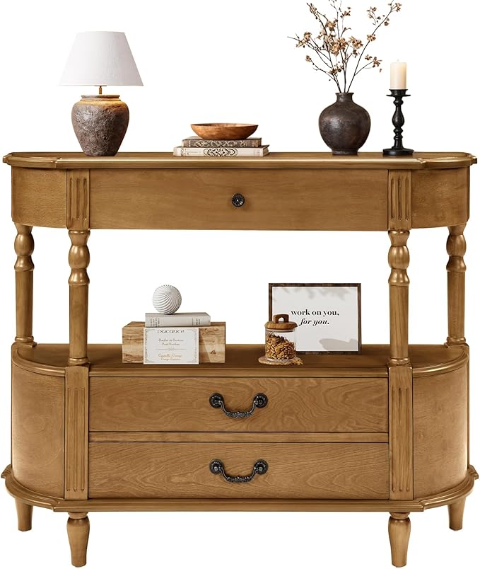 43" Retro Curved Console Table with Drawers, Solid Wood Half Moon Console Table Entry Sofa Table with Storage with Solid Pine Roman Legs Open Shelf for Small Spaces Living Room,Brown