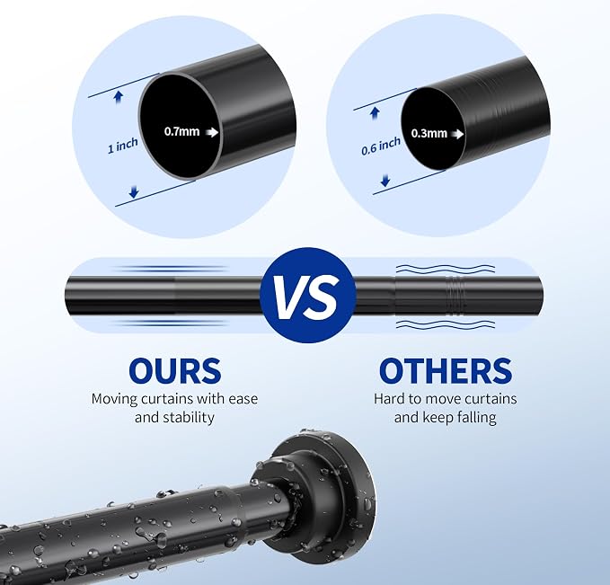 Mcrbeay Shower Curtain Rod, 1" Diameter Heavy Duty Tension Shower Rod, Non Slip Adjustable 28-74 inch No Drilling Shower Curtain Rods Spring Tension For Bathroom, Shower Stall, No Rust, Black