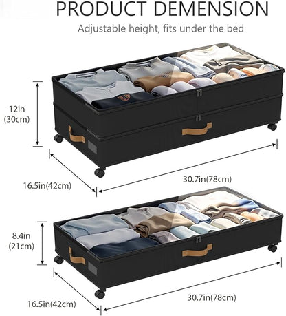 Under Bed Storage with Wheels 2-Pack, 75L XXL Under the Bed Storage Containers Large, 12" Tall Adjustable Storage for Underbed with Lids, Rolling for Clothes, Shoes, Blankets (4PCS-Black)