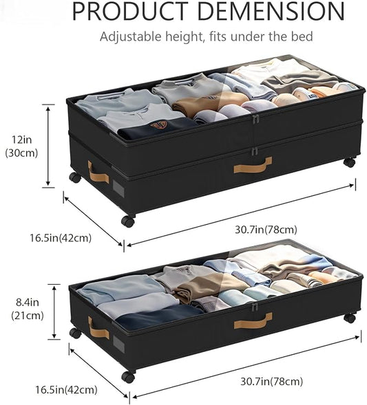 Under Bed Storage with Wheels 2-Pack, 75L XXL Under the Bed Storage Containers Large, 12" Tall Adjustable Storage for Underbed with Lids, Rolling for Clothes, Shoes, Blankets (4PCS-Black)