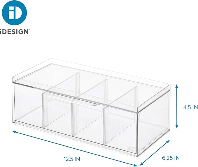 iDesign XL Tea Bag Organizer for Counter, 4-Section Clear Stackable Tea Storage Drawer for Cabinet